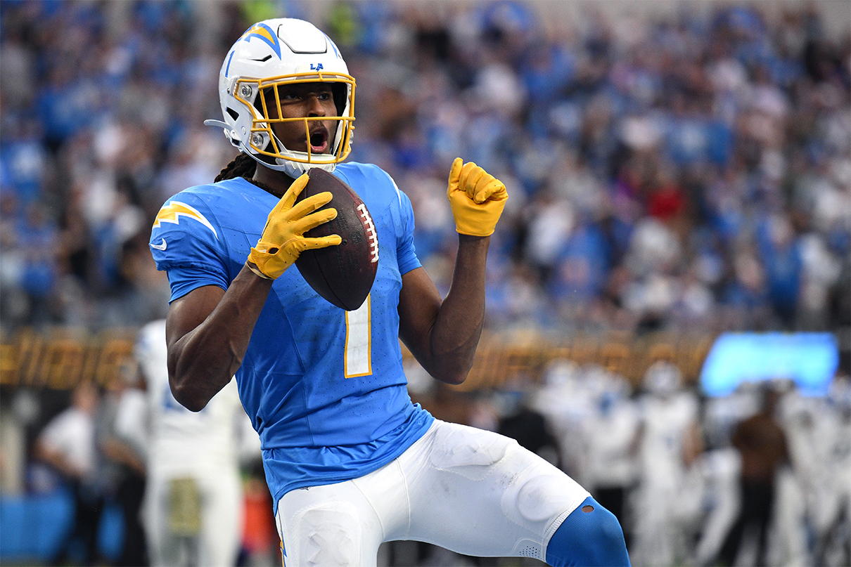 Nov 12, 2023; Inglewood, California, USA; Los Angeles Chargers wide receiver Quentin Johnston (1) celebrates after scoring a touchdown against the Detroit Lions during the second half at SoFi Stadium. Mandatory Credit: Orlando Ramirez-USA TODAY Sports