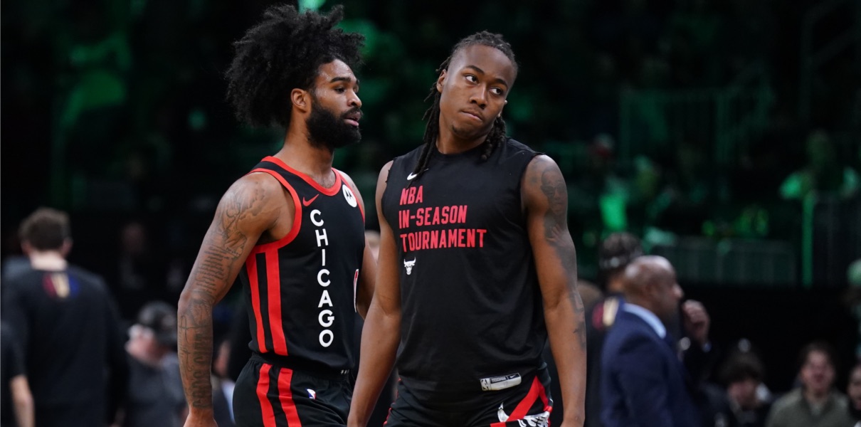 Coby White and Ayo Dosunmu of the Chicago Bulls