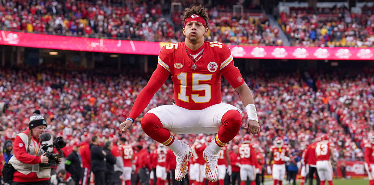 Patrick Mahomes of the Kansas City Chiefs is air bound.