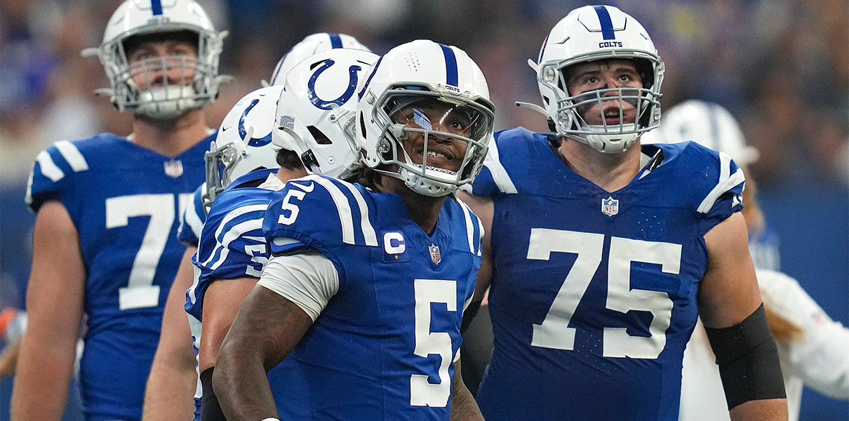 Indianapolis Colts quarterback Anthony Richardson (5) and fellow members of the Colts offensive line look to the score board after a play ended in the Los Angeles Rams' favor during the first half of the game Sunday, Oct. 1, 2023, at Lucas Oil Stadium in Indianapolis. * Jenna Watson/IndyStar / USA TODAY NETWORK