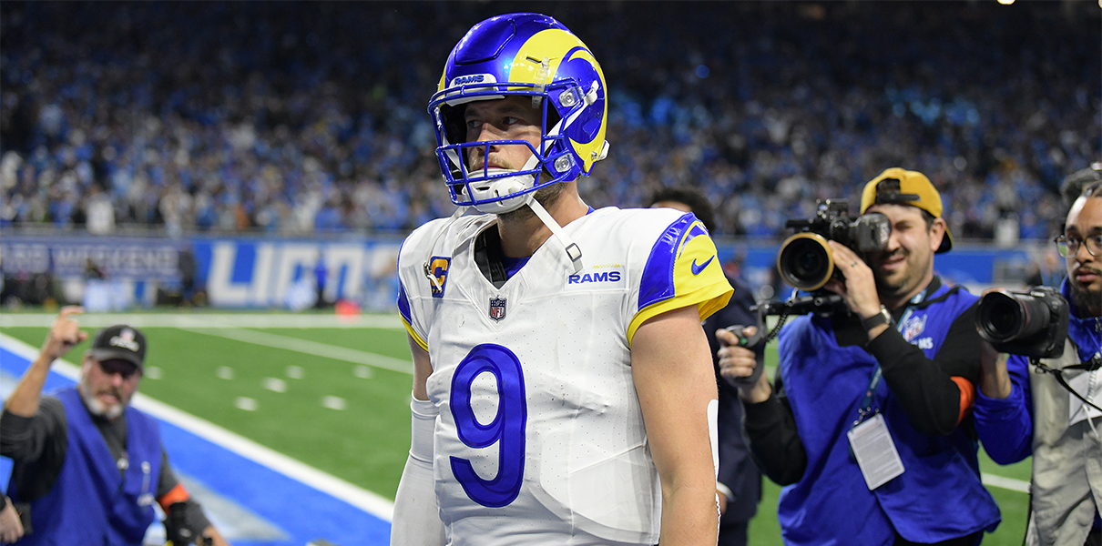 Jan 14, 2024; Detroit, Michigan, USA; Los Angeles Rams quarterback Matthew Stafford (9) walks off the field after losing a 2024 NFC wild card game against the Detroit Lions at Ford Field. Mandatory Credit: Lon Horwedel-USA TODAY Sports