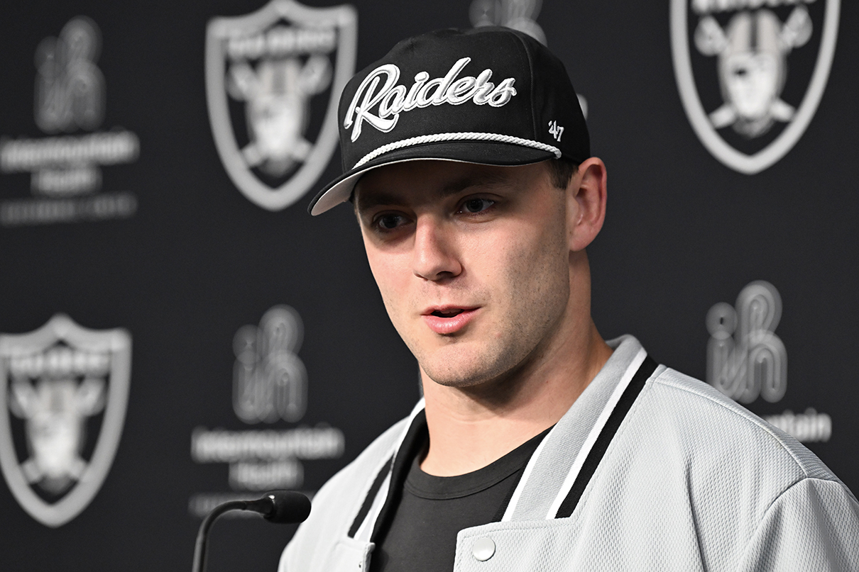 Apr 26, 2024; Henderson, NV, USA; Las Vegas Raiders tight end Brock Bowers speaks to the media at Intermountain Health Performance Center in Henderson, NV.  Mandatory Credit: Candice Ward-USA TODAY Sports