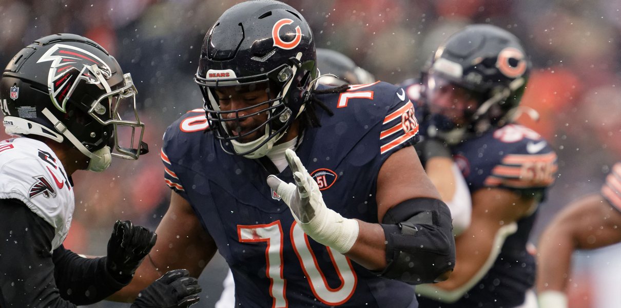 Chicago Bears offensive lineman Braxton Jones (70) blocks against the Atlanta Falcons at Soldier Field.