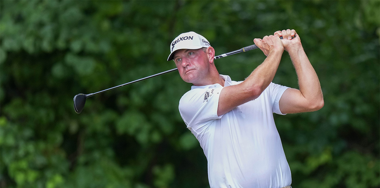 Aug 6, 2023; Greensboro, North Carolina, USA; Lucas Glover watches his shot from the 2nd tee during the final round of the Wyndham Championship golf tournament. Mandatory Credit: David Yeazell-USA TODAY Sports