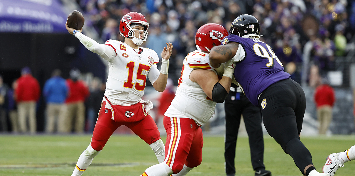 Jan 28, 2024; Baltimore, Maryland, USA; Kansas City Chiefs quarterback Patrick Mahomes (15) throws the ball against the Baltimore Ravens during the first half in the AFC Championship football game at M&T Bank Stadium. Mandatory Credit: Geoff Burke-USA TODAY Sports