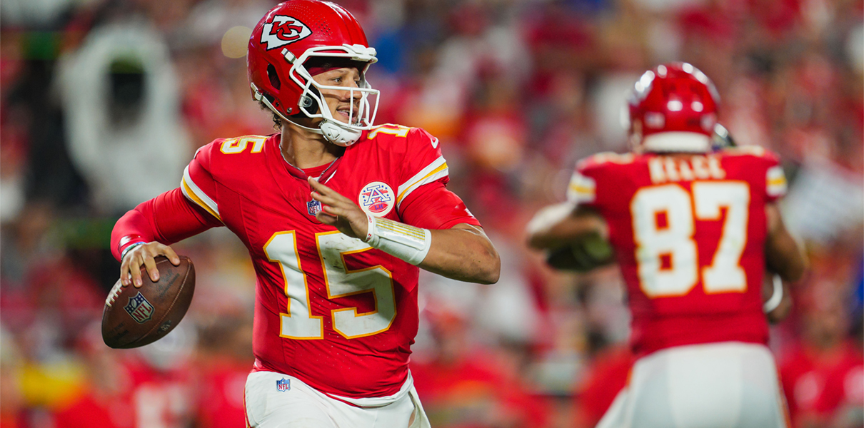 Sep 5, 2024; Kansas City, Missouri, USA; Kansas City Chiefs starting quarterback Patrick Mahomes (15) throws a pass during the second half against the Baltimore Ravens at GEHA Field at Arrowhead Stadium. Mandatory Credit: Jay Biggerstaff-Imagn Images