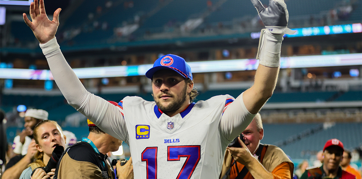 Sep 12, 2024; Miami Gardens, Florida, USA; Buffalo Bills quarterback Josh Allen (17) reacts after the game against the Miami Dolphins at Hard Rock Stadium. Mandatory Credit: Sam Navarro-Imagn Images