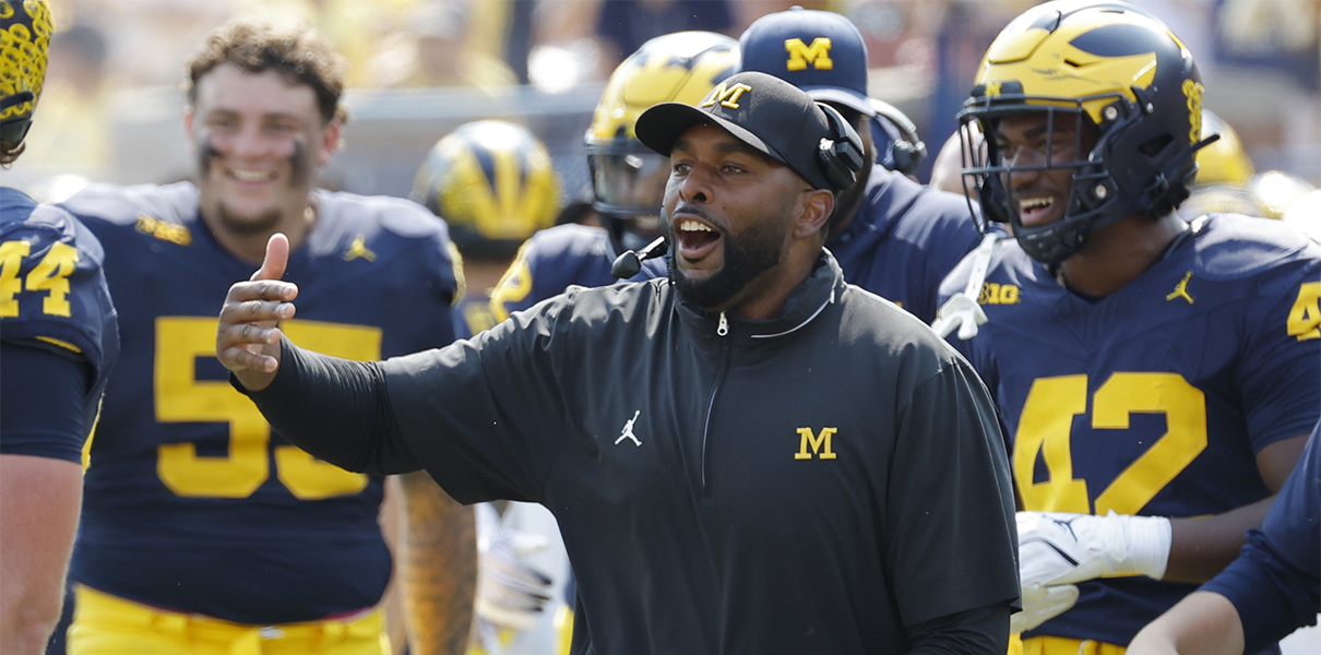 Sep 14, 2024; Ann Arbor, Michigan, USA;  Michigan Wolverines head coach Sherrone Moore reacts on the sideline during the second half against the Arkansas State Red Wolves at Michigan Stadium. Mandatory Credit: Rick Osentoski-Imagn Images